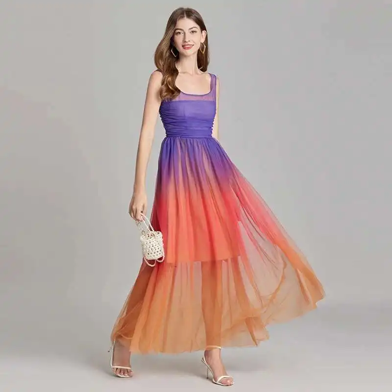 

JAMERARY Summer Holiday Gradient Orange Purple Chiffon Long Dress Women Faux Silk Elegant Sleeveless Sundress Maxi Vestidos