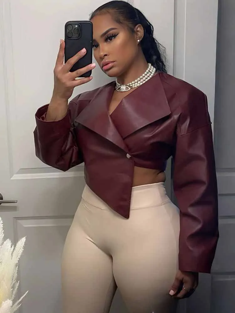 

BKQU Irregular Faux Leather Cropped Jacket Women Lapel Fashion One Button Slim Motorcycle Outwear 2025 Autumn Vintage Streetwear