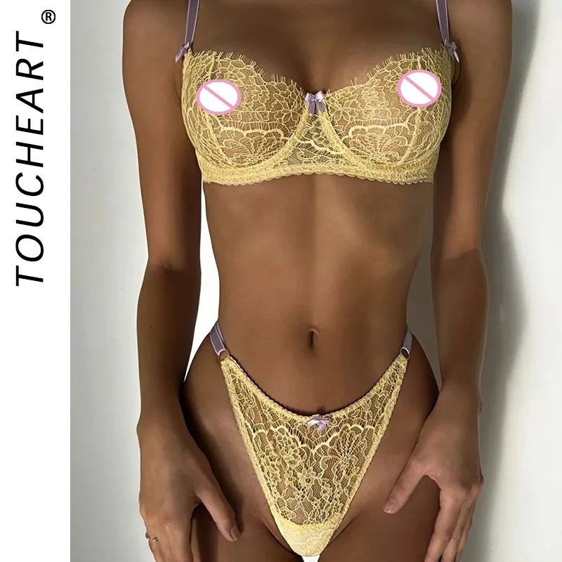 

Toucheart Embroidery Lace See-through Sexy Interesting Bow Knot Underwear Panty Slim Spaghetti Strap Steel Ring Mesh Sexy Set