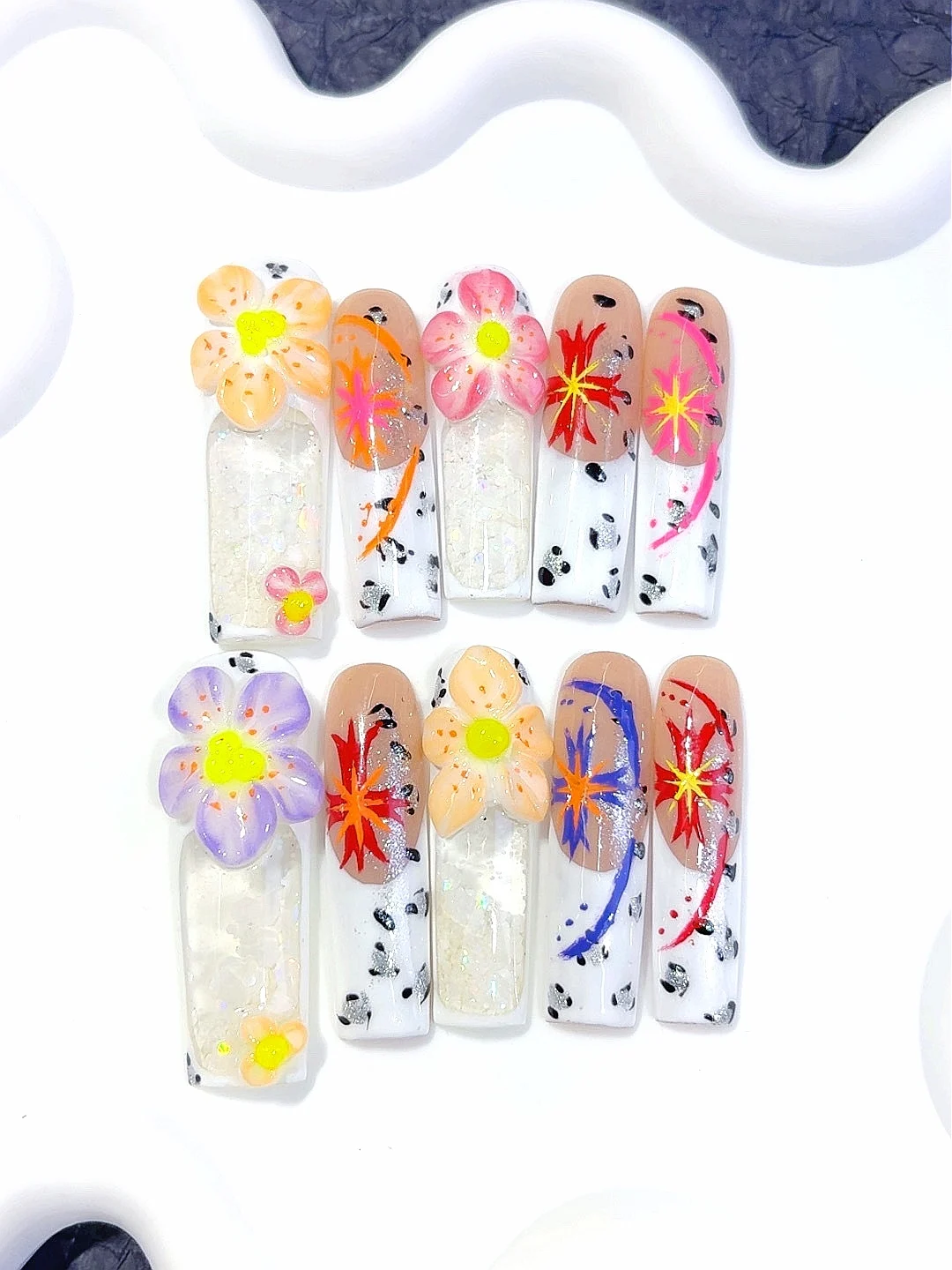 الملونة ثلاثية الأبعاد الأزهار الألعاب النارية بريق الدلماسي طباعة طويلة مربع اضغط على الأظافر - اليدوية Y2K بلينغ الأظافر كاذبة مع النيون (O02) #2