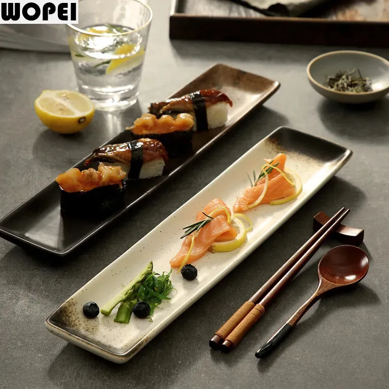 Japanese Style Long Strip Plate Ceramic Sushi Plate Autumn Knife Fish Plate Dessert Snack Plates Molecular Cuisine Tableware
