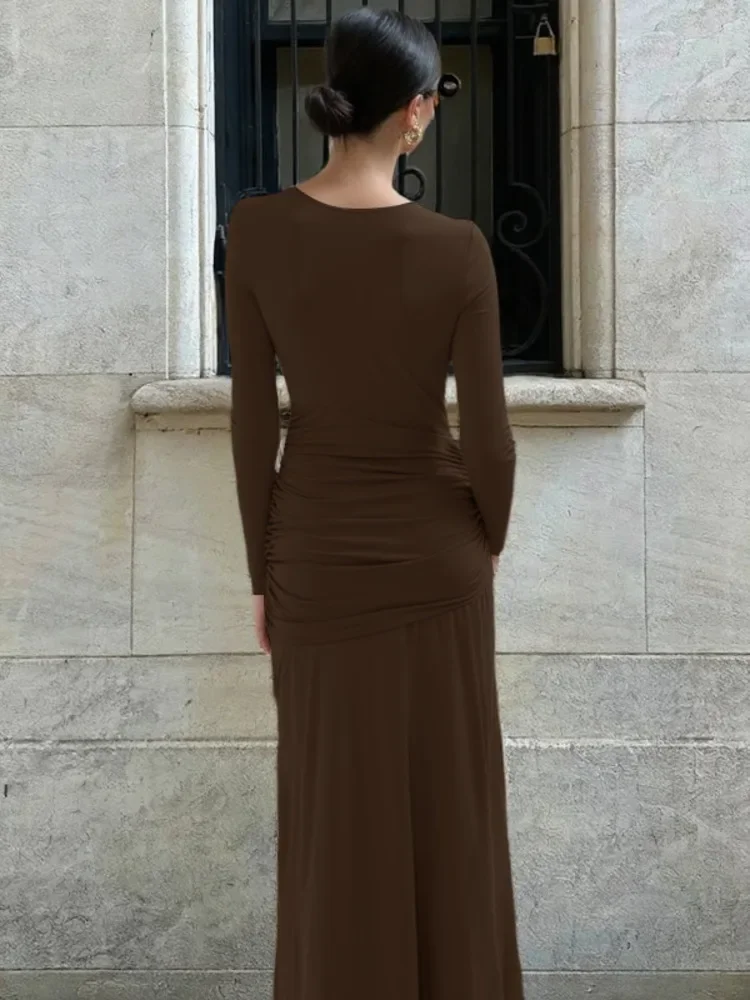 Fmxires كم طويل Ruched مثير فستان ماكسي المرأة الخريف الشتاء موضة س الرقبة عالية الخصر Bodycon نادي حفلة فستان طويل أنيق