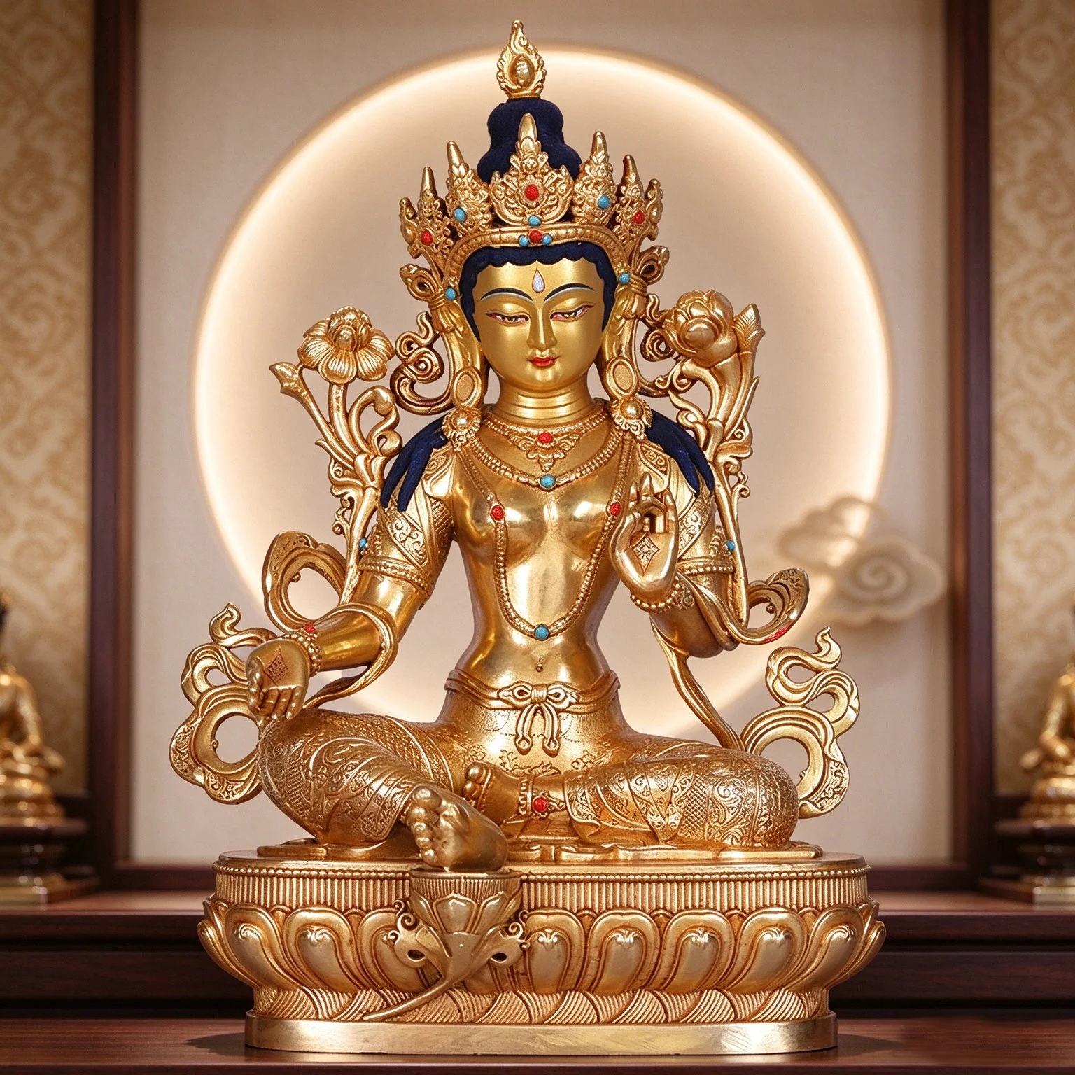Solid Copper Gilt Green Tara Statue, Tibetan Buddhism Dolma Buddha Figurine, Home Worship Buddhist Statue Ornament, 17cm/22cm
