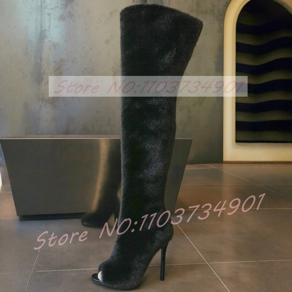 Open Toe Over The Knee Boots Women Big Size Fashion Slip-On Fluffy Fur Warm Comfortable High Heels Shoes Lady Nifty Sexy Boots