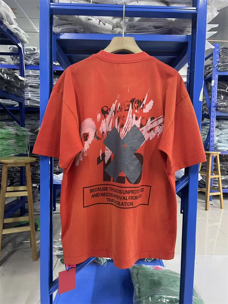 New Summer RRR123 Pattern Print Vintage Street Casual Loose Cotton Washed Short Sleeve Trendy Sports Orange T-shirt Oversize