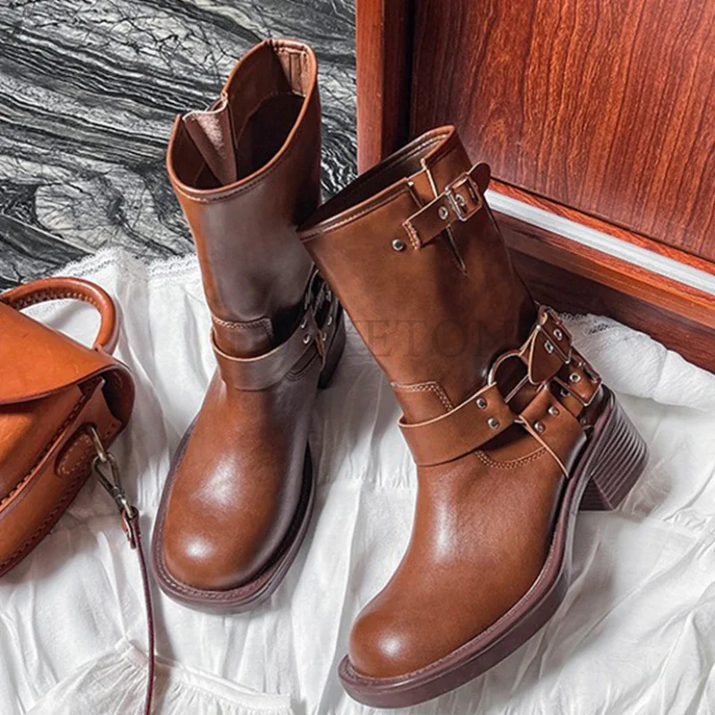 

Leather Ankle Boots Women Motorcycle Knight Boot Sexy Western Boot Women Cowboy Boots Fashion Belt Buckle Botines Mujer