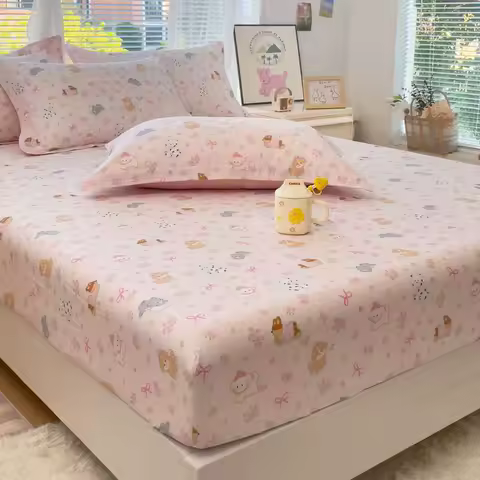 100% Cotton Kids Fitted Sheet - Pink Cartoon Print Single Size, Soft Bed Sheet Mattress Cover (... product image