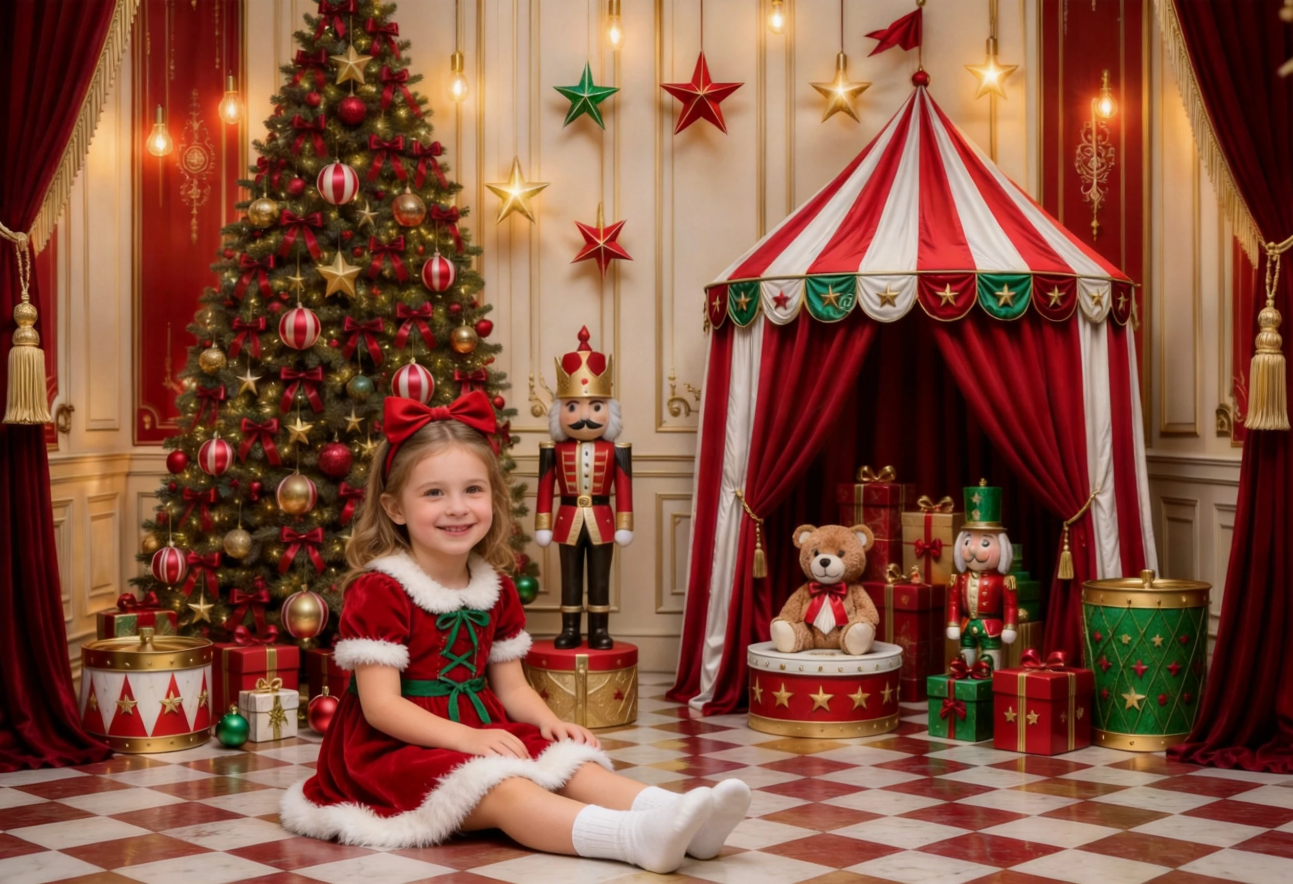 Christmas Fireplace Tree Wreath Backdrop Red Curtain Carousel Circus Winter Photography Background For Kids Adult Studio