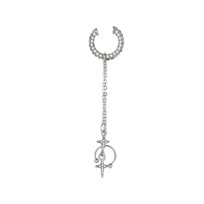 Shiny Silver Color Crystal Tassel Non-Piercing Cuff Ear Clip Earring For Women Rhinestone Star Fake Cartilage Piercing Jewelry image 4