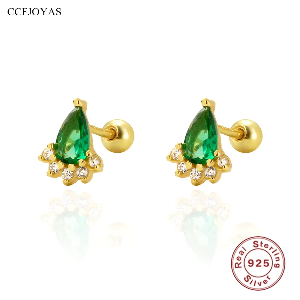 

CCFJOYAS 925 Sterling Silver Emerald Waterdrop Stud Earrings for Women Light Luxury screw ear bone nail Body Jewelry