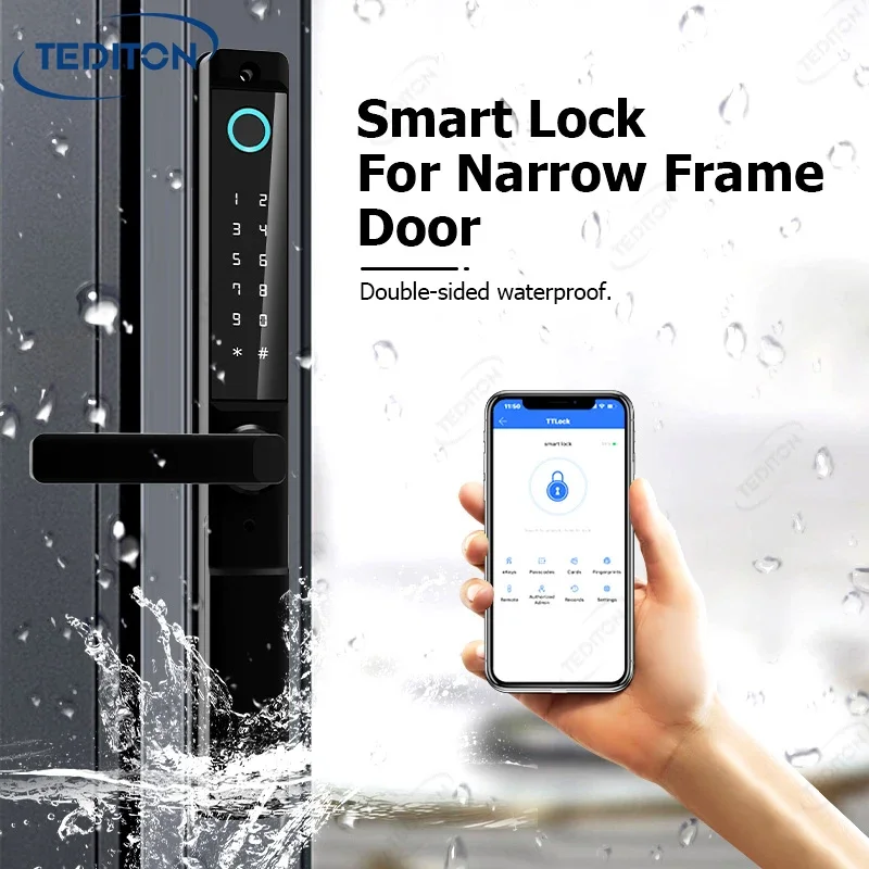 008 Tediton TTlock Outdoor Double Key Smart Lock Slim Aluminum Glass Door Waterproof Double Sided Fingerprint Smart Door Lock