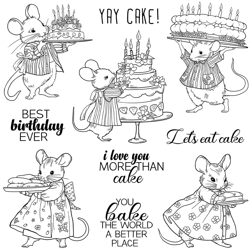 Mangocraft Happy Birthday Cakes Cute Mouse Metal Cutting Dies Clear Stamp DIY Scrapbooking Dies Silicone Stamps For Cards Albums