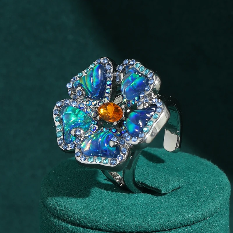 

Vintage Bright Opal Blue Flower Rings Retro Yellow Crystal High Luxury Rhinestone Designer Women Party Silver Color Accessories