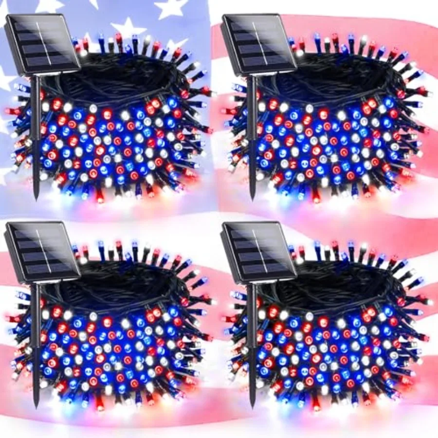 

Солнечные гирлянды 30 LED, 180 футов, для украшения на 4 июля, уличные, водонепроницаемые, 8 режимов, патриотические, солнечные, мерцающие, для дома