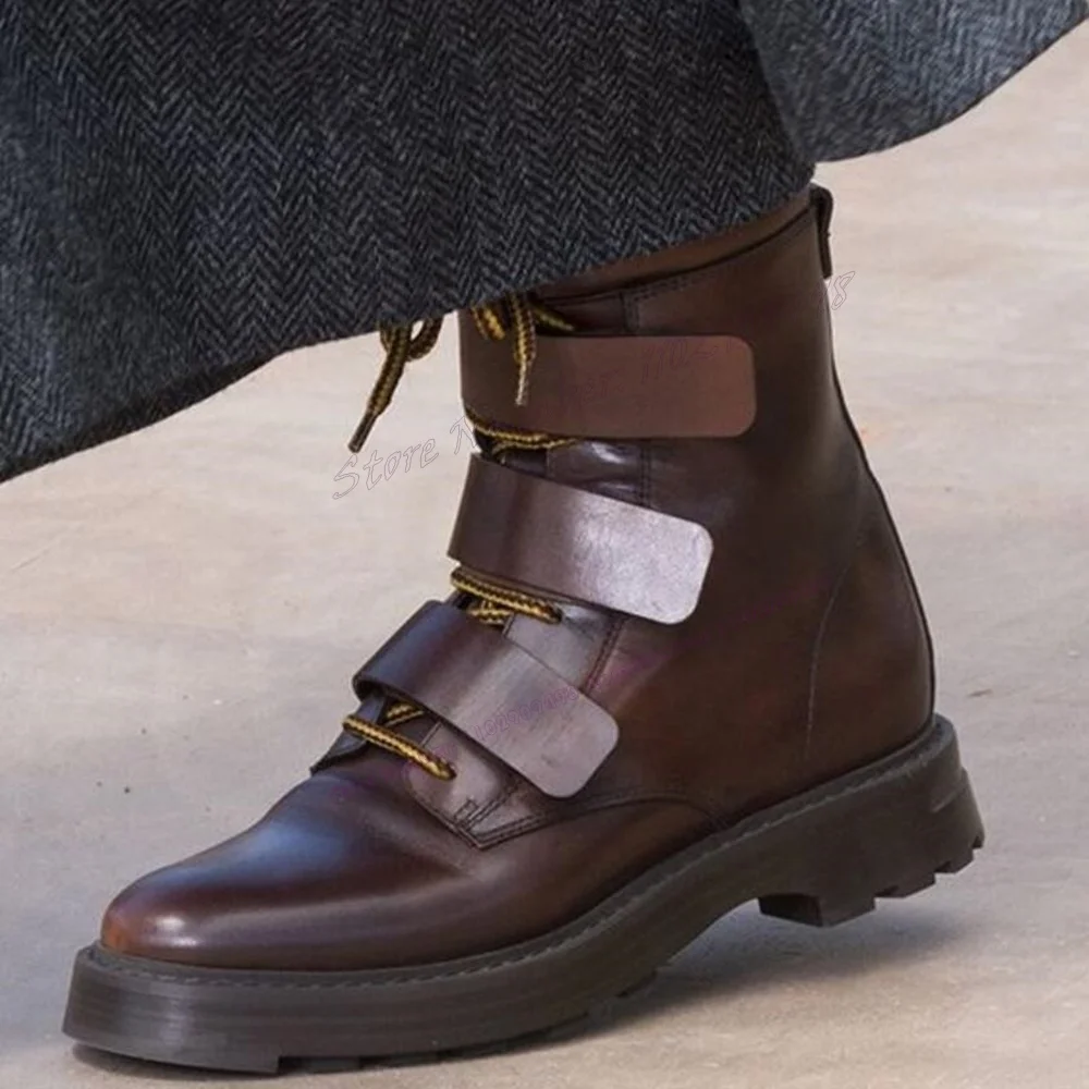 Botas masculinas de cinta marrom amarradas, dedo do pé redondo, sapatos plataforma, estilo britânico, artesanal, pista, casual, inverno, tamanho grande