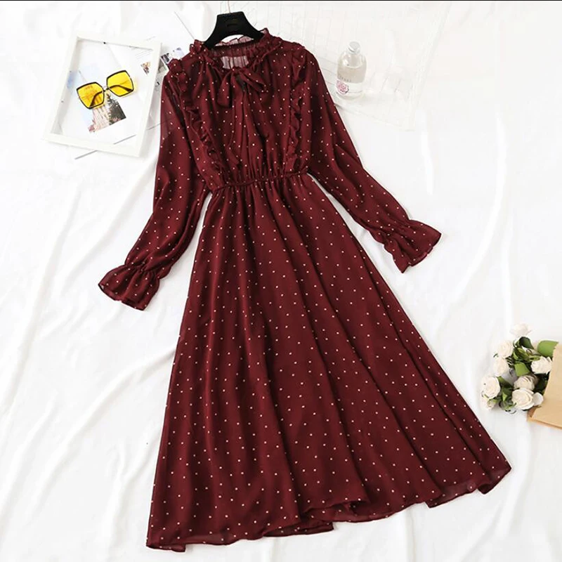 Women Print Pleated Chiffon Dress 2020 Spring Summer New Hot Fashion Female Casual Flare Sleeve Lotus leaf neck Basic Dresses