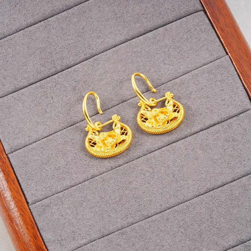 Face Slimming Lotus Hollow Lock Earrings For Women 24K Gold AU999, long drop softens facial contour