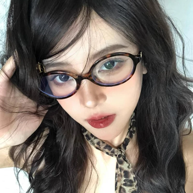 Y2K Retro Oval Frame Anti-Blue Light Glasses Sweet Cool Girls Black Leopard Glasses Vintage Simple Women Plain Glasses Eyewear