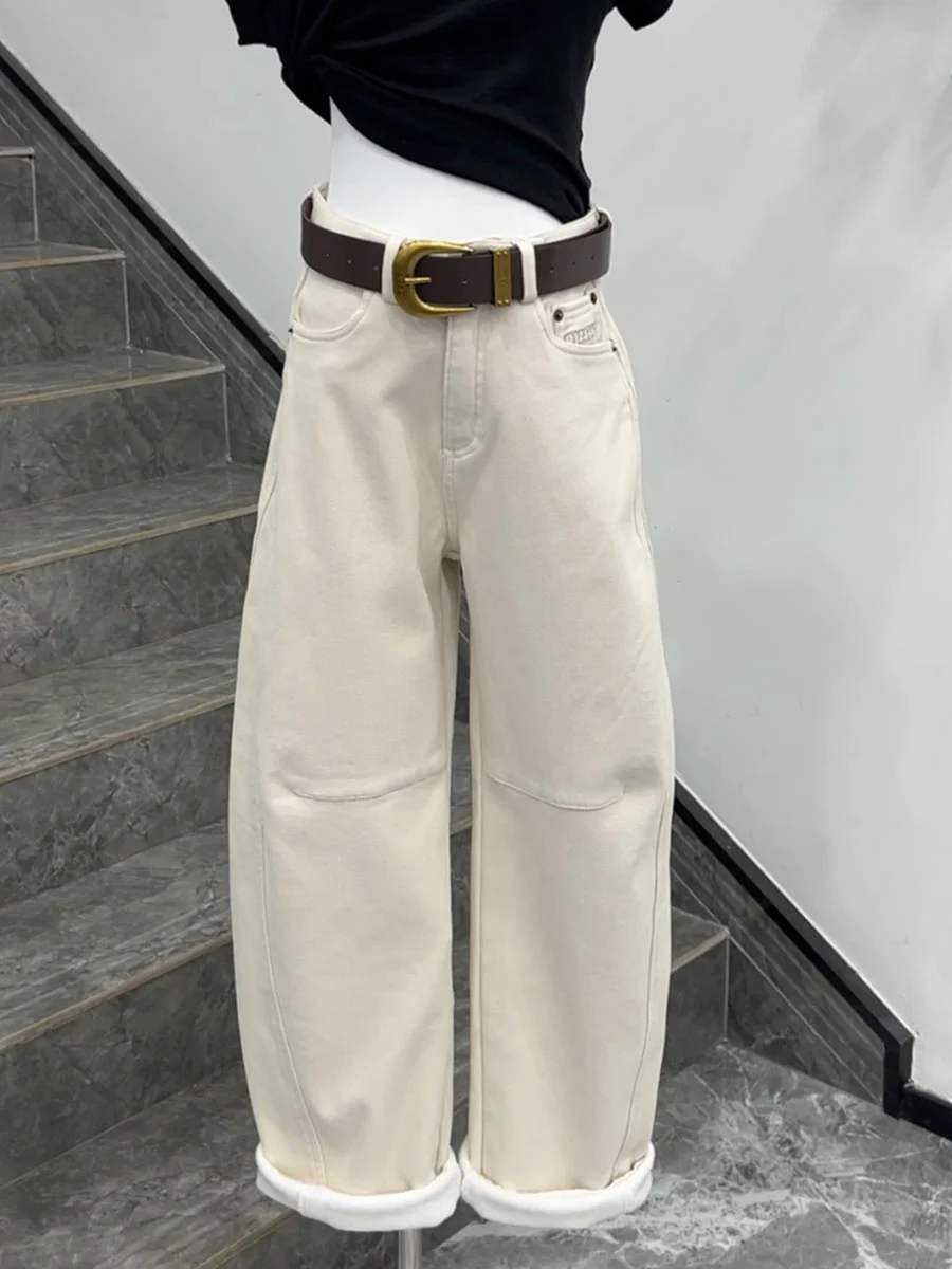 

Утепленные зимние джинсы с высокой талией, прямые брюки с поясом, длинные брюки больших размеров, повседневная одежда для похудения