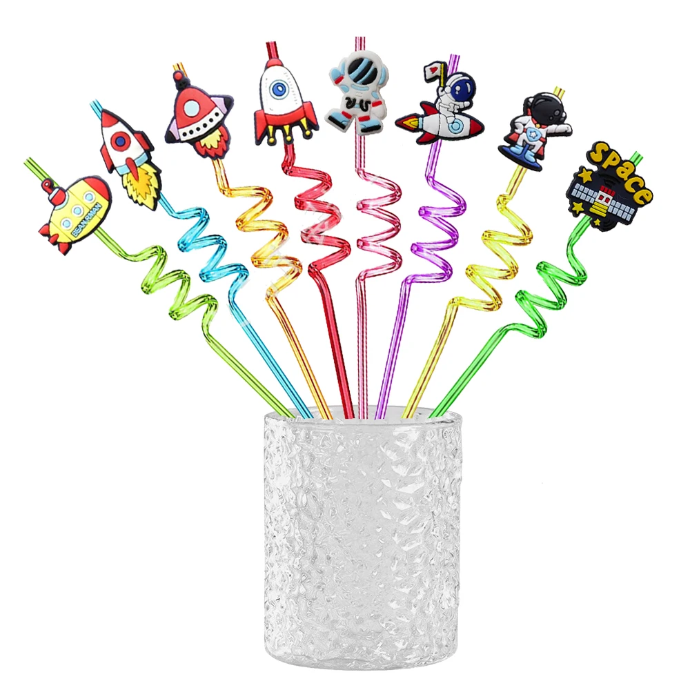 8pcs Reusable universe space rocket astronaut Straws Plastic Drinking Straws for Kids space Birthday Party Decorations Supplies