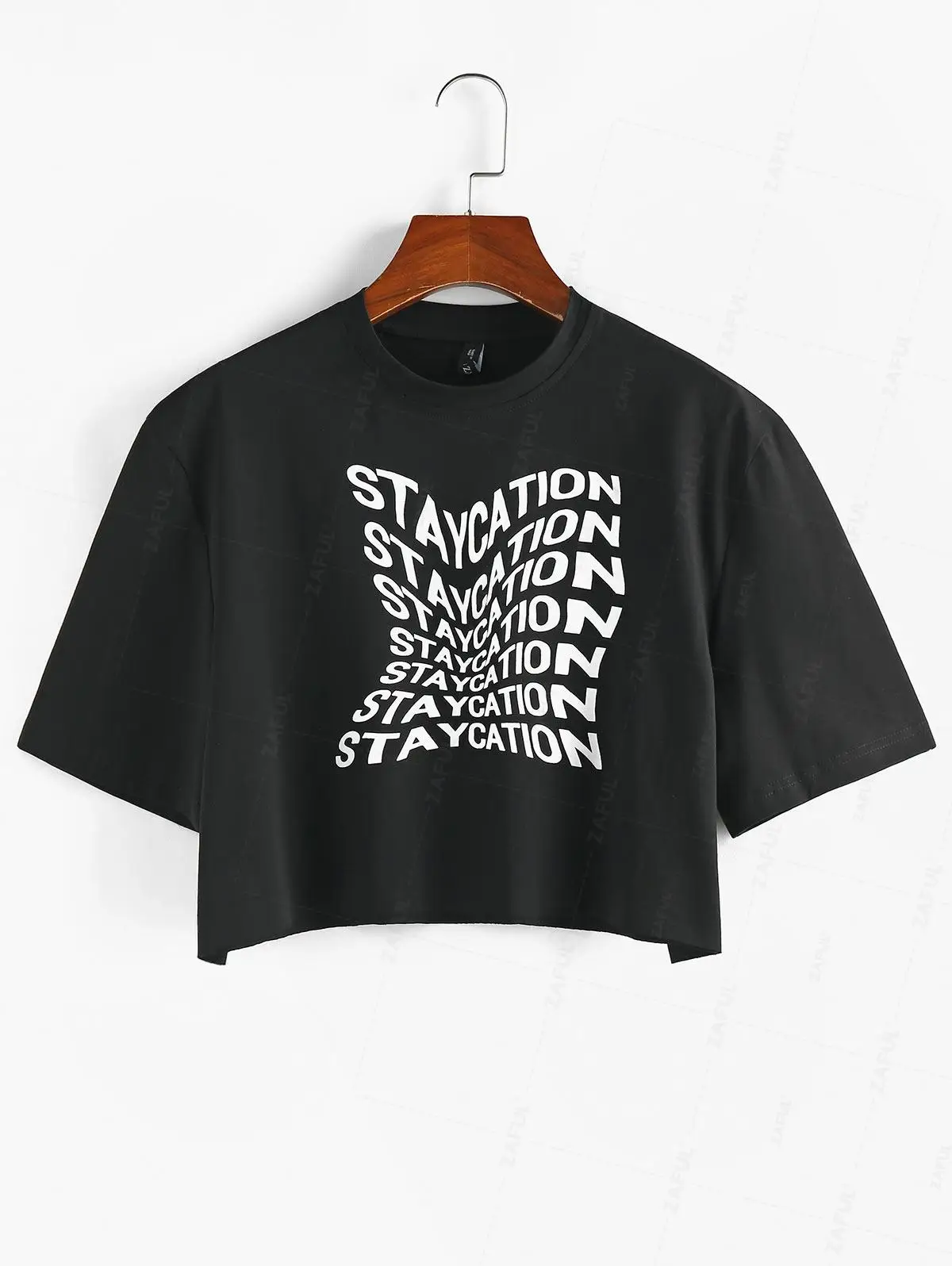 

ZAFUL Women's Daily Casual Staycation Letter Print Round Neck Loose Crop T Shirt