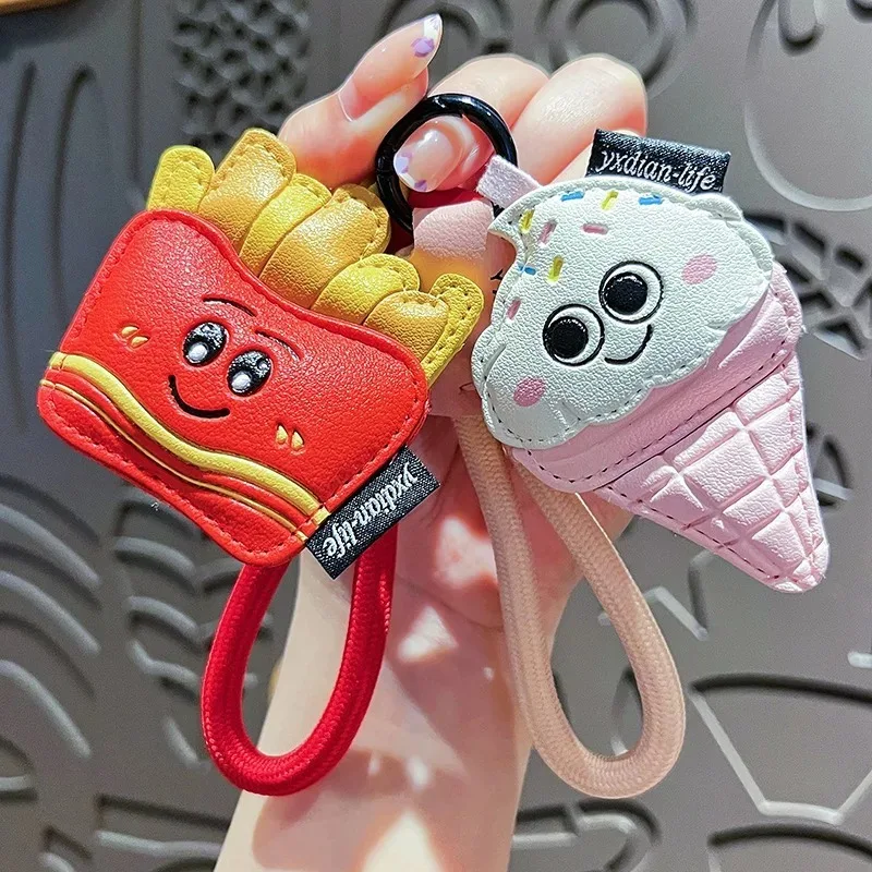 Creative Cartoon Leather Snacks Keychain Cute French Fries Coffee Ice Cream Couple Bag Pendant