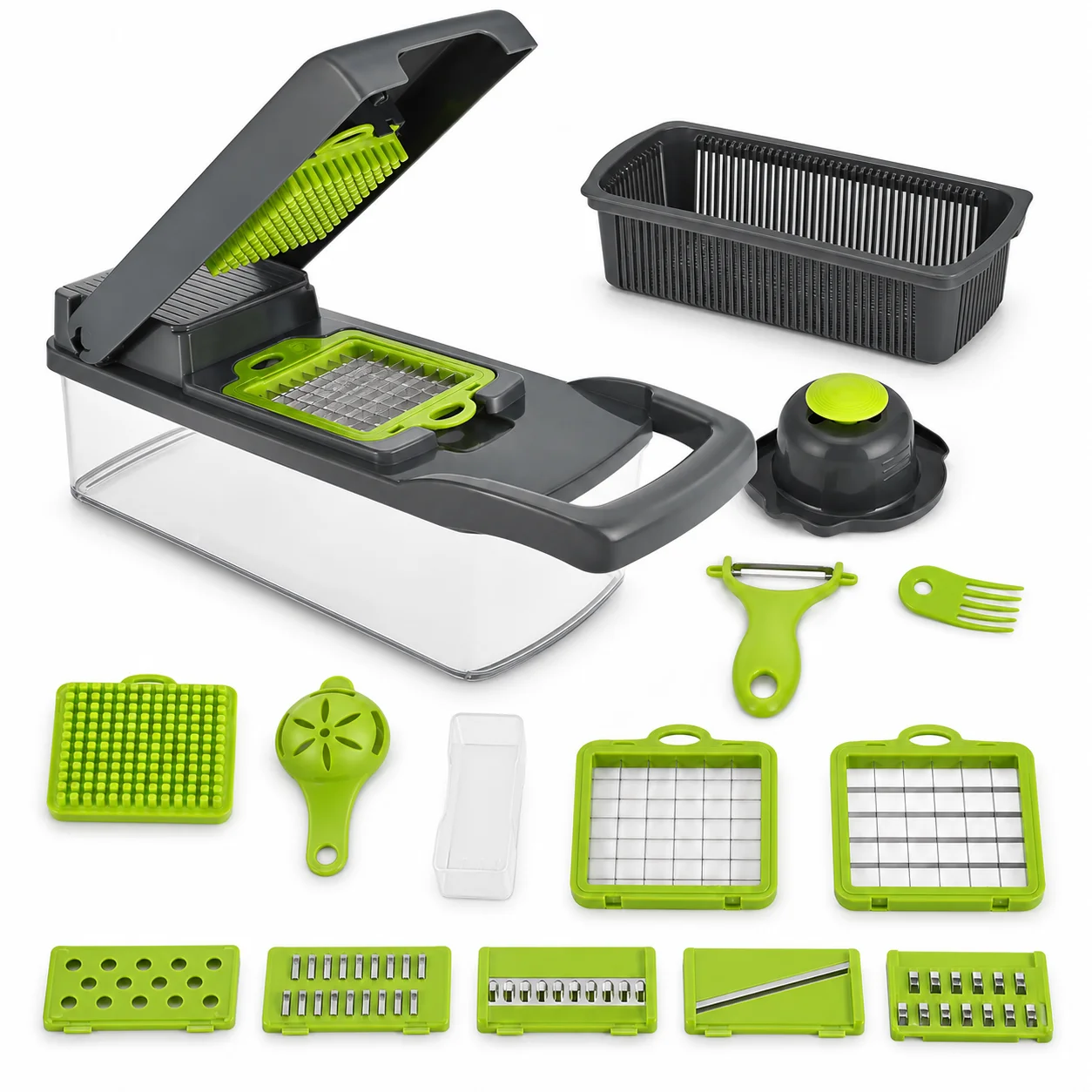 16-Piece Vegetable Chopper with Container, 7-Blade Manual Onion Dicer, Mandoline Slicer, Grater & Drain Basket Kitchen Tool