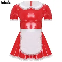 Mens Cosplay Outfits Servants Maid Dress with Apron Doll Collar Puff Sleeve Ruffle Lace Patent Leather A-Line Sissy Maid Dress