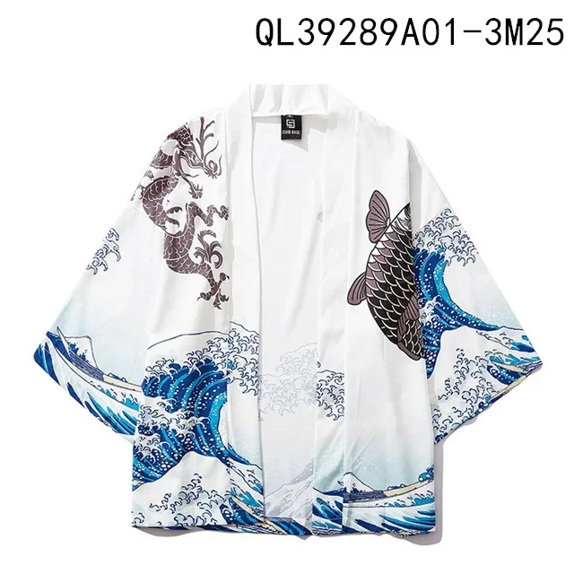 Japanese White Dragon Big Wave Ukiyo-e Print Haori Unisex Half Sleeve Kimono Open Front Street Coat Japan Style Casual Outwear