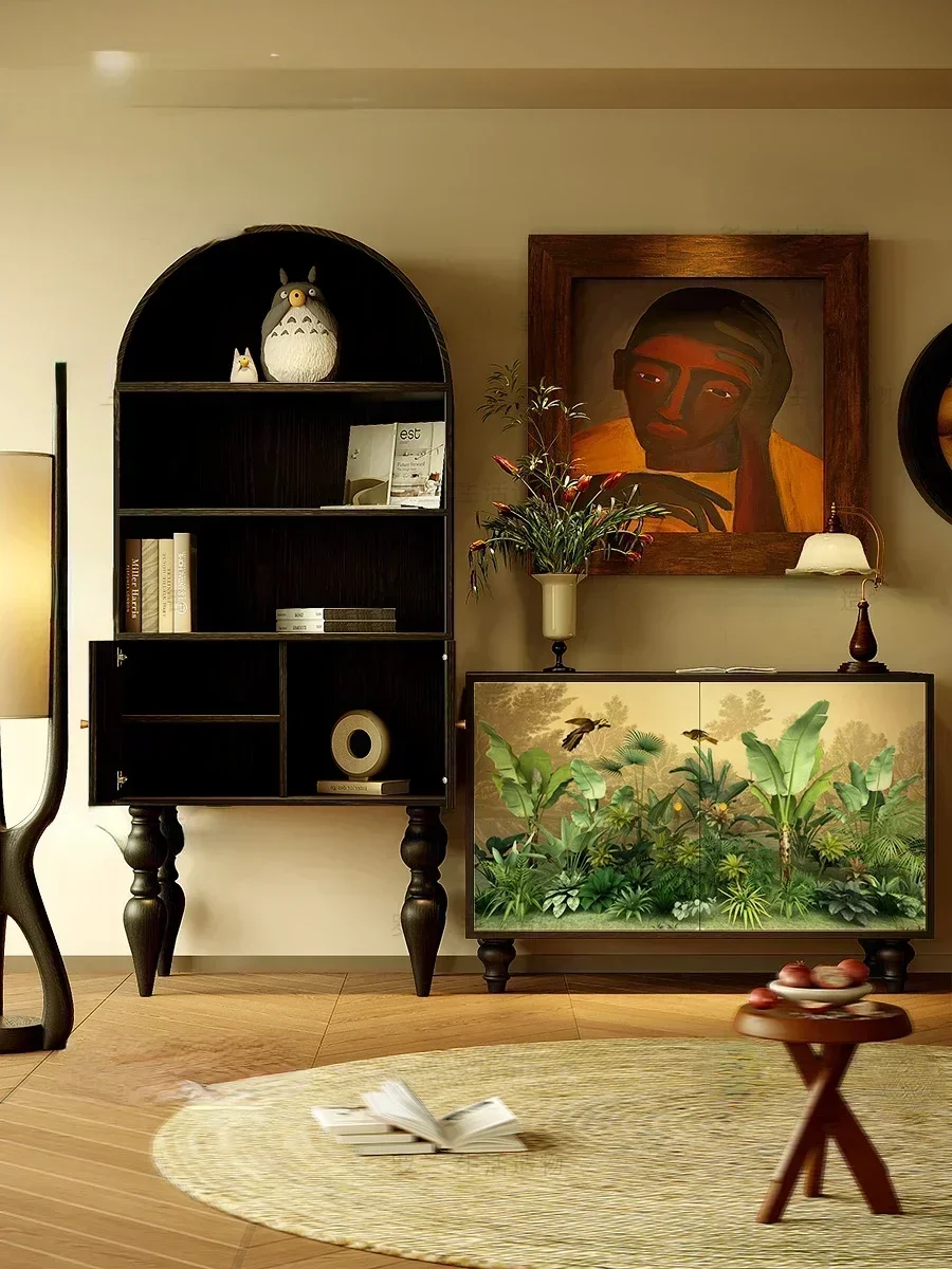 رف كتب من الخشب الصلب للغابات المطيرة الاستوائية على الطراز الفرنسي، وغرفة معيشة منزلية على الحائط #6