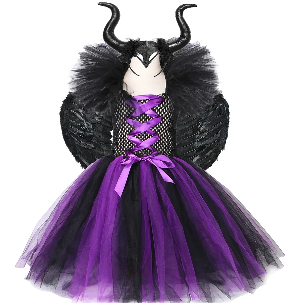 Kids Halloween Maleficent Witch Costume for Girls Fancy Evil Queen Tutu Dress Purple Black Girl Carnival Party Princess Dress Up