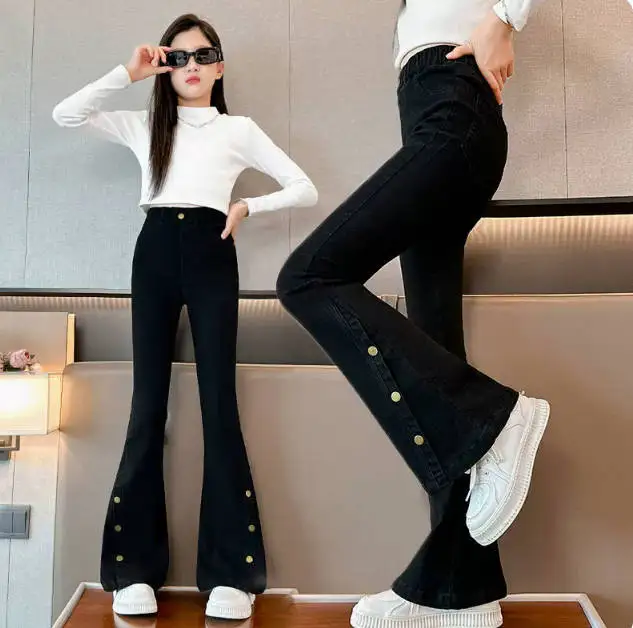 Girls jeans Spring and autumn Teen Kids bell bottoms 2024 Children Thermal Flare Jeans Elegant Boot Cut Denim Pants Trousers