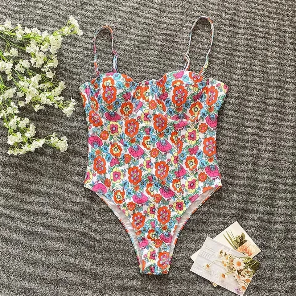 

Kawaii Floral Bikini Extreme Sling Monokini Hollow Out Backless Swimsuit Y2K Vacation Swimwear Push Up Women Beach Bathing Suits