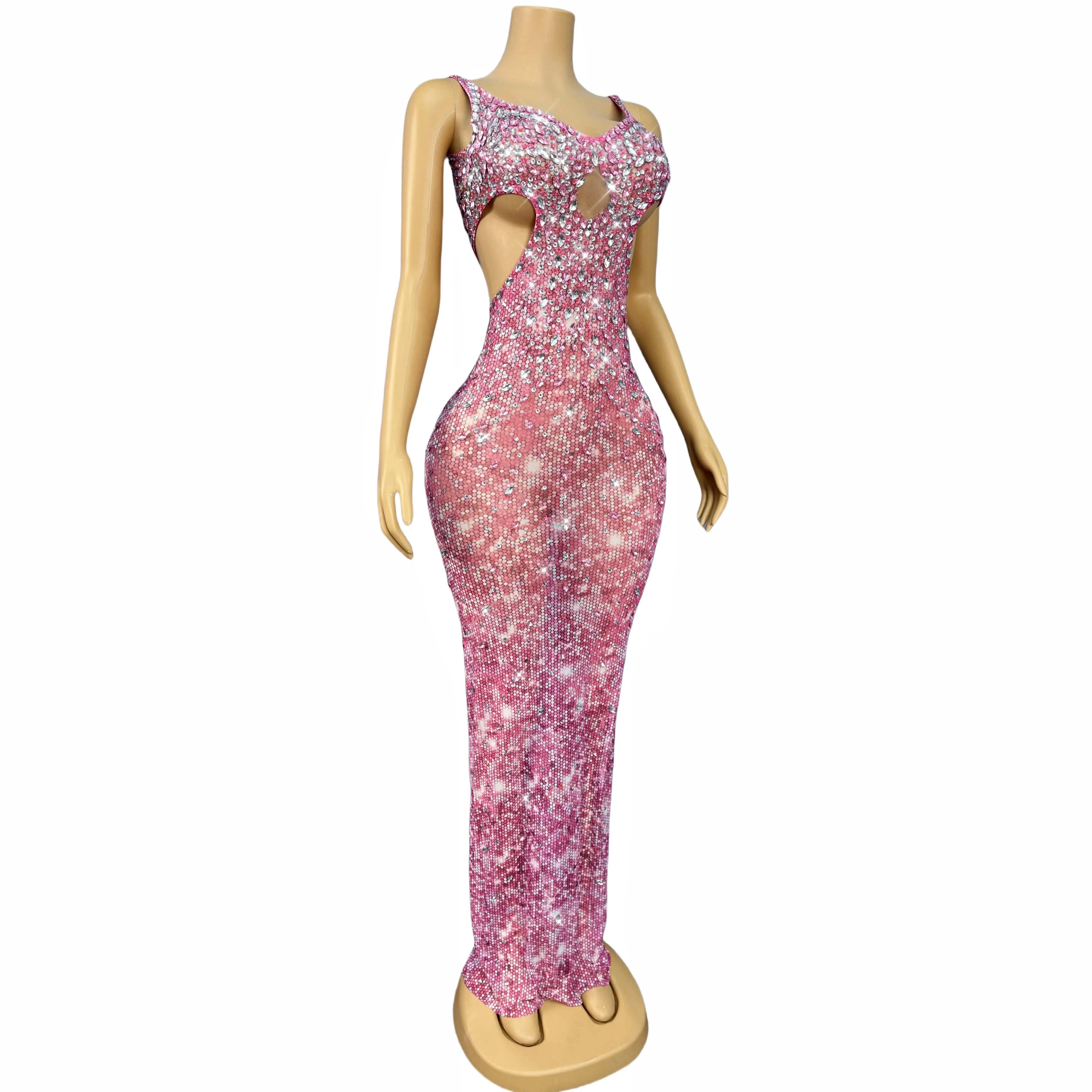 ชุดเดรสตาข่ายเว้าเอวประดับคริสตัลสีชมพูหวาน ดีไซน์หรูหรา สำหรับงานปาร์ตี้ งานราตรี งานแสดงบนเวที หรืองานพรมแดง แบรนด์เฟินฮัวมิ