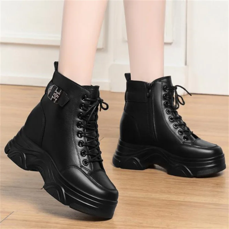 5.5cm novo outono mulheres botas de tornozelo saltos plataforma botas de couro macio branco botas de motocicleta mulher inverno grosso tênis bota 40