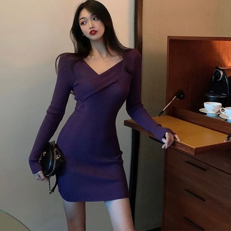 Sexy Daring Purple V Neck Crochet Woman Dress Knitted Short Clothes Dresses for Women Bodycon Extreme Mini Aesthetic Sensual Hot