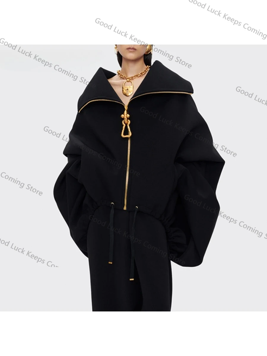 

2025 Solid Loose Spliced Zipper Fashion Jackets for Women Lapel Long Sleeves Patchwork Lace Up Casual Jacket Female New