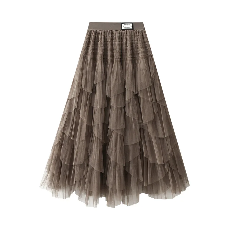 Słodka Spódnica Tortowa do Kolan Damska Jesienna Moda Tkanina Tafeta Bufiasta Spódnica z Siateczki Sukienka do Połowy Łydki 2023