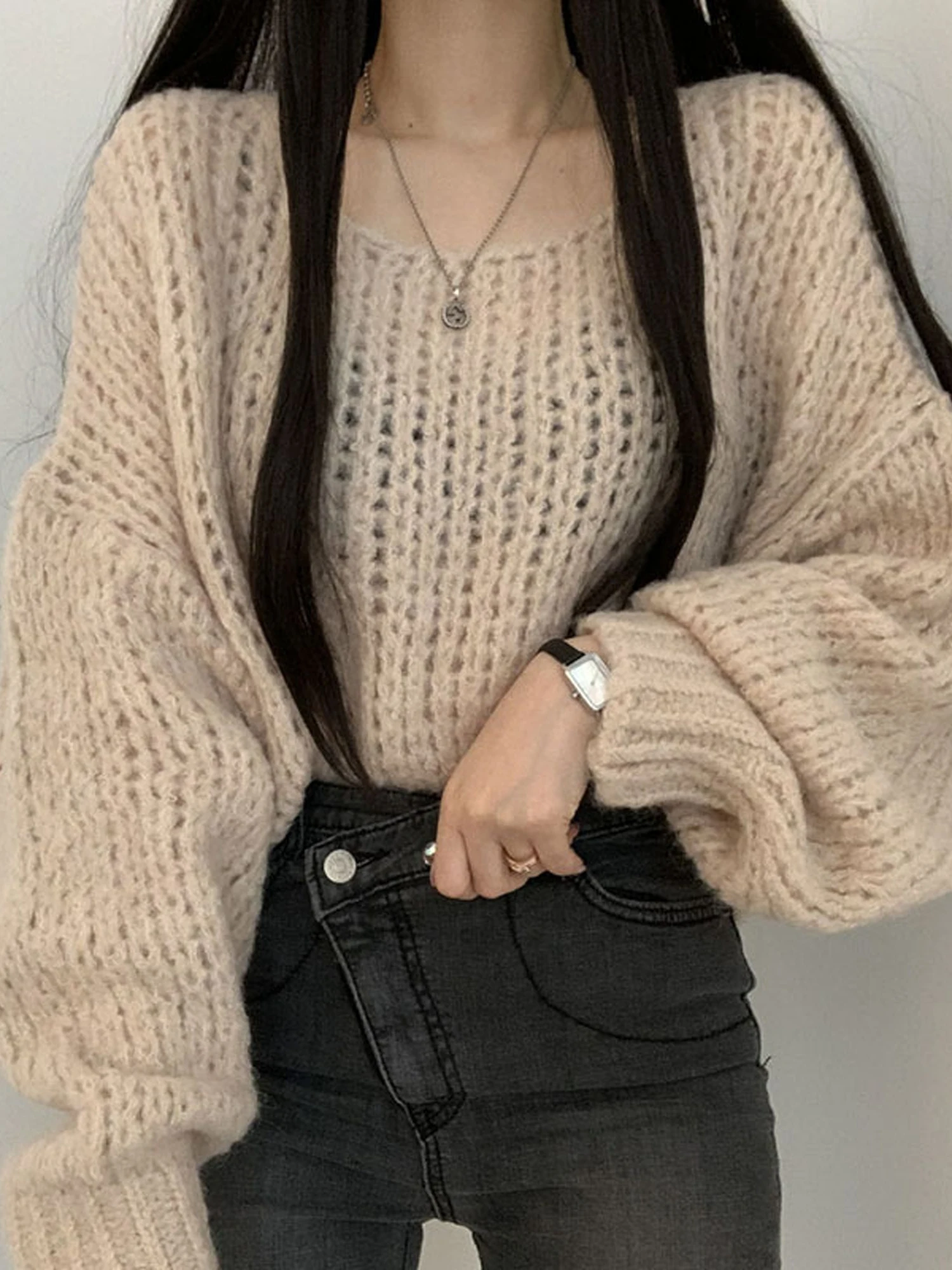 Chic Casual Loose Long Sleeve Knitted Sweater Women's Spring Autumn Candy Color Gradient Lantern Sleeve Overhead Knitwear