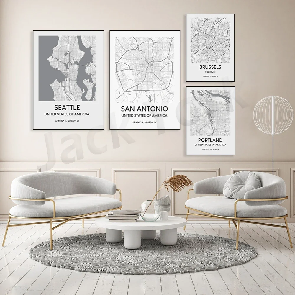 Berlin, Dundee, Birmingham, San Antonio, Seattle, Zagreb, Denver, Aberdeen, Portland, Paris, Brussels city map print poster