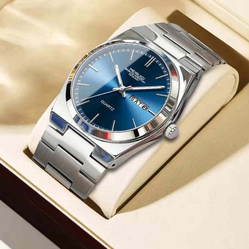 

Мужские кварцевые часы с серебристо-синим циферблатом в стиле авангард и функцией отображения даты