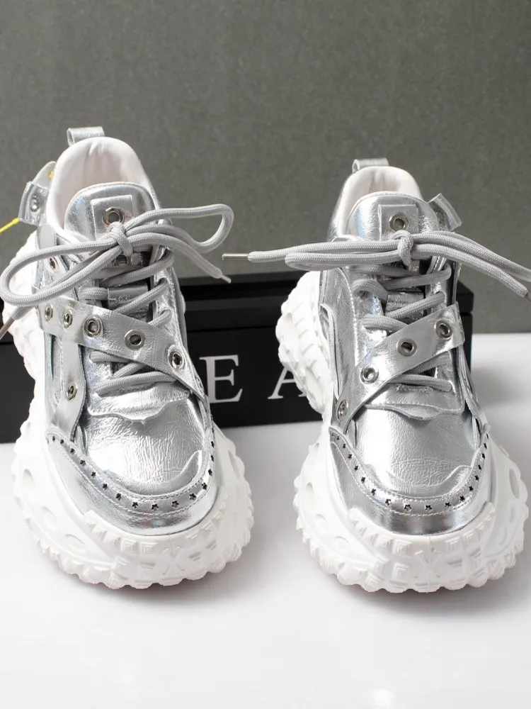 Golden Silver Mens Outside Casual Joggers Sneakers Thick Platform Lace Up Cowhide Genuine Leather Shoes Low Cut Trainers Shoes
