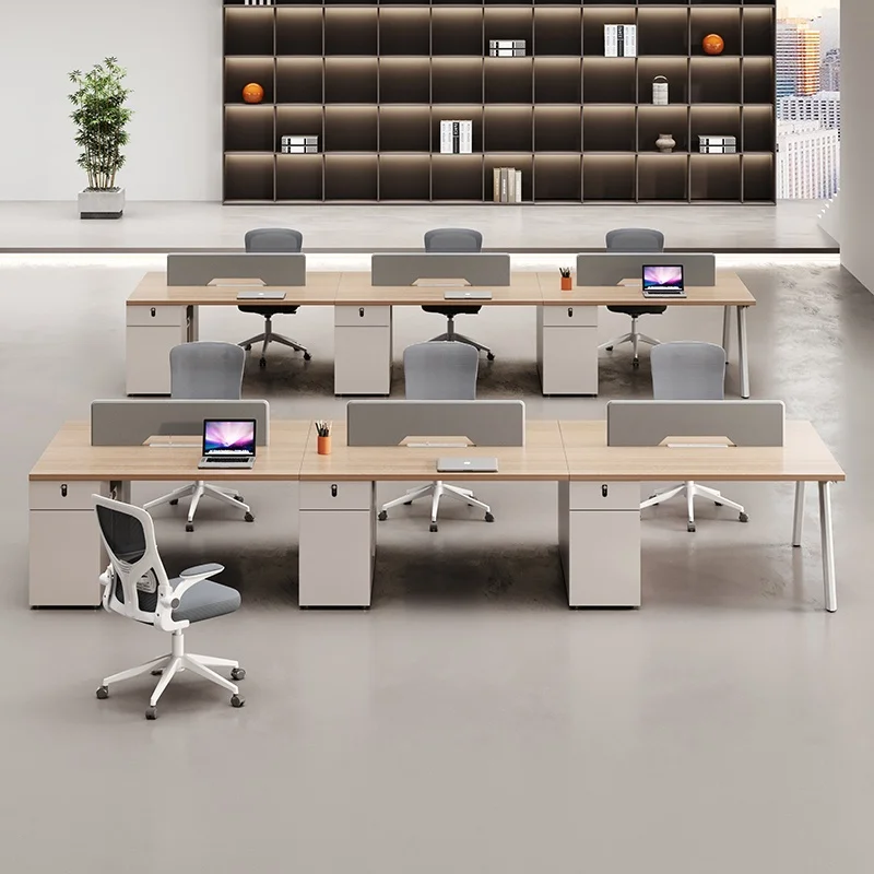 Minimalist Modern L-Shaped Workbench Office Chair Combination Melamine Wood 4 Or 6 Person Office Building