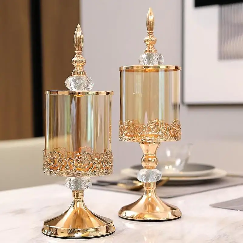 

Elegant European Crystal Glass Storage Box Food Storage Container with Rose Cover Tea Table Adjustable Storage Display