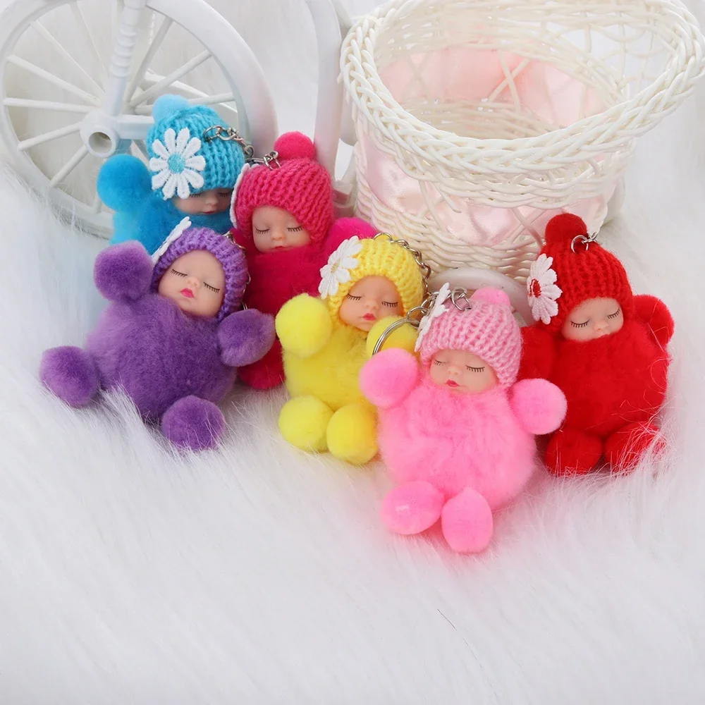 Cute Sleeping Baby Bowtie Fluffy Pompom Fur Plush Doll Keychain Knitted Hat Keyring Key Buckle Women Girls Bag Pendant Jewelry