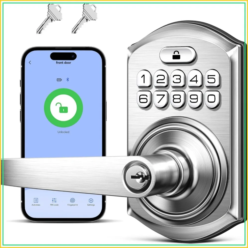 

Smart Keypad Door Lock with Handle, App Control, Keyless Entry, Remote Codes, Auto Lock, Passage Mode, for Bedroom & Interior Door, Satin Nickel
