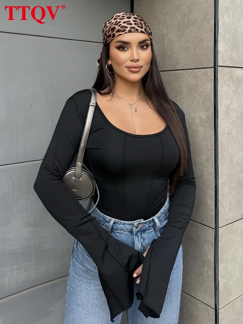 

TTQV Sexy Slim White Women T Shirt 2026 Bodycon Square Collar Long Sleeve T-Shirts Elegant Classic Solid Top Female Clothing