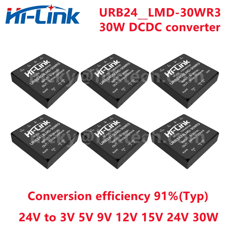 Hi-Link 30W DCDC 24V to 3.3/5/12/15/24V Output Isolated Step Down Converter URA2415LMD-30WR3 Switching Power Supply Module