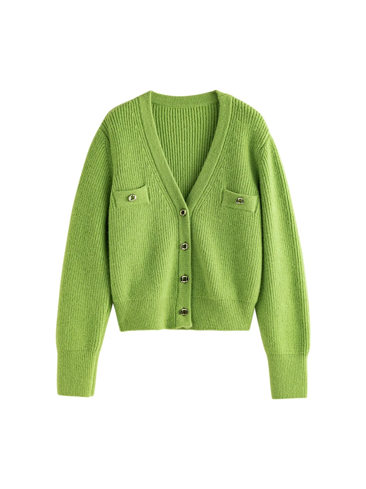 DUSHU Women Pit Stripe V Neck Knitting Cardigans Button Decoration Short Sweaters Office Lady Green Thicken Warm Cardigan