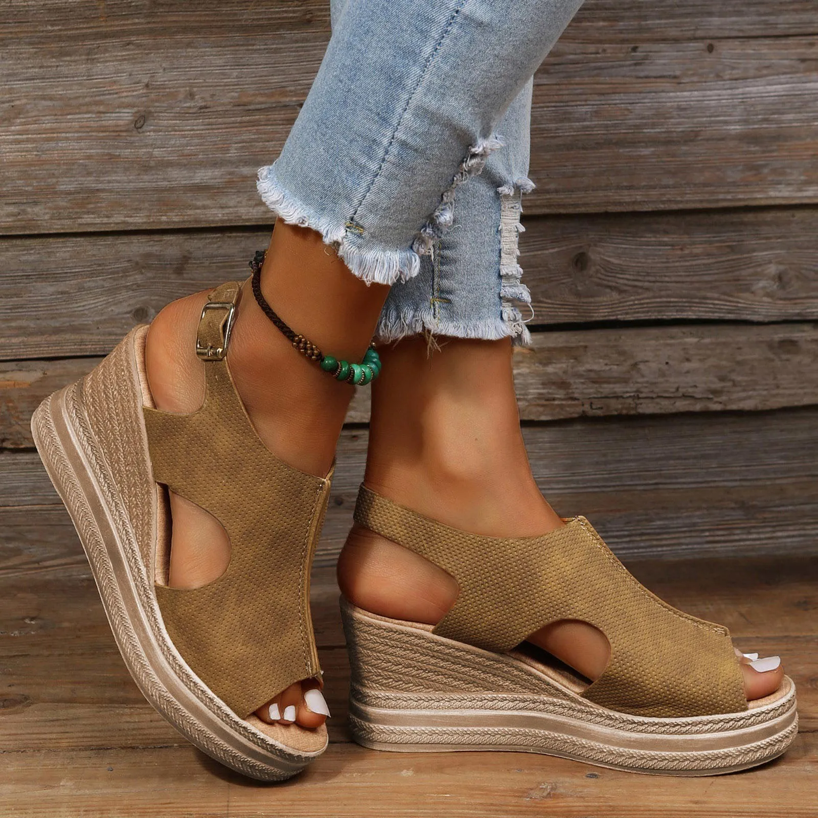 Summer Wedge High Heels Sandals For Women 2024 Peep Toe Platform Sandals Ladies Buckle Strap Non Slip Beach Sandles Mujer